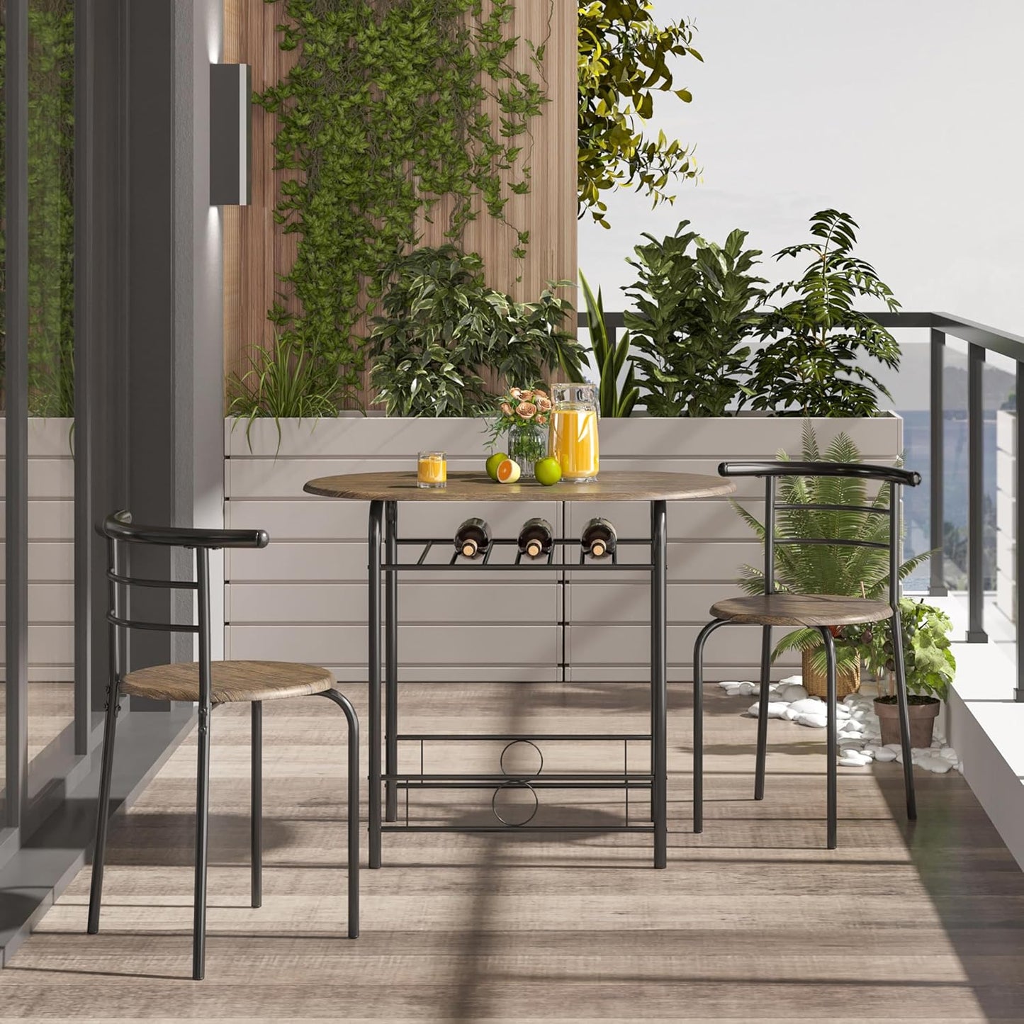 3 Piece Dining Table Set, Kitchen Table & Chair Sets for 2, Compact Bistro Table Set with Steel Legs, Built-In Wine Rack for Small Space, Apartment, Breakfast Nook, Drift Brown