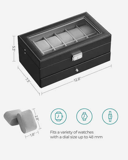 Watch Box, 12-Slot Watch Case Organizer with Large Glass Lid, 2 Layers, Removable Pillows, Metal Lock, Gift for Loved Ones, Black Synthetic Leather, Gray Lining UJWB012