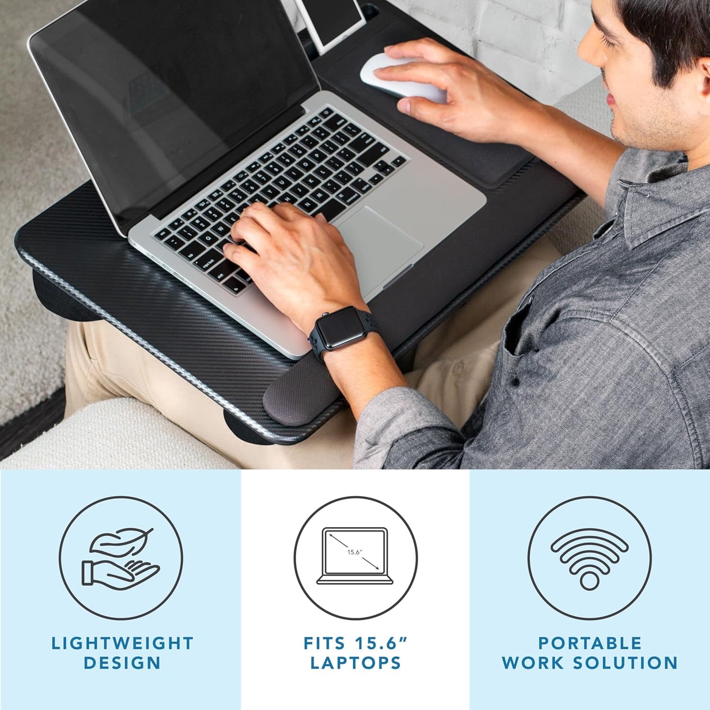 Home Office Pro Lap Desk with Wrist Rest, Mouse Pad, and Phone Holder - Black Carbon - Fits up to 15.6 Inch Laptops - Style No. 91598