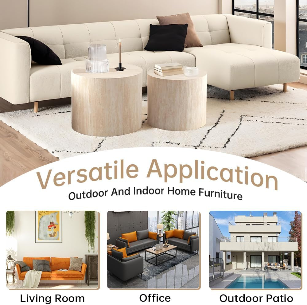 Round Nesting Coffee Table Set of 2 Modern Small round Coffee Table Travertine Side Table Small End Table Circular Coffee Tables Circle Nested Coffee Tables for Living Room (Travertine)