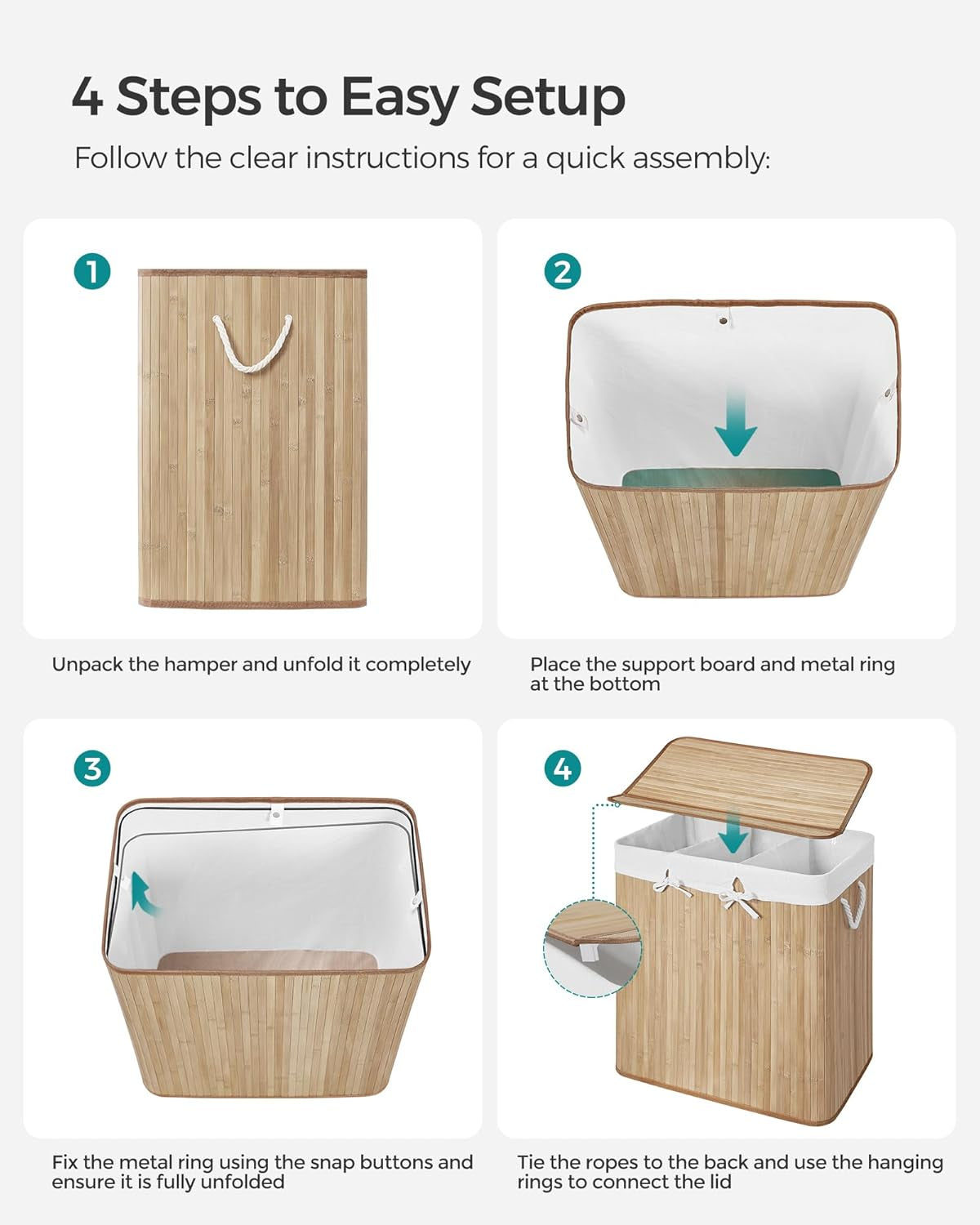 Laundry Hamper, 39.6 Gallons (150L), 3-Section Laundry Basket, Laundry Hamper with Lid, Bamboo, Foldable, Removable and Machine Washable Liner, for Laundry Room, Bedroom, Natural ULCB091N01