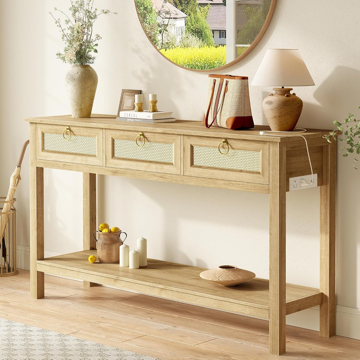 Rattan Console Sofa Table with Outlets and USB-C Port, 3 Drawer Entryway Table with Synthetic Rattan Surface, Open Shelf, behind Couch Entry Foyer Hallway Storage, Natural