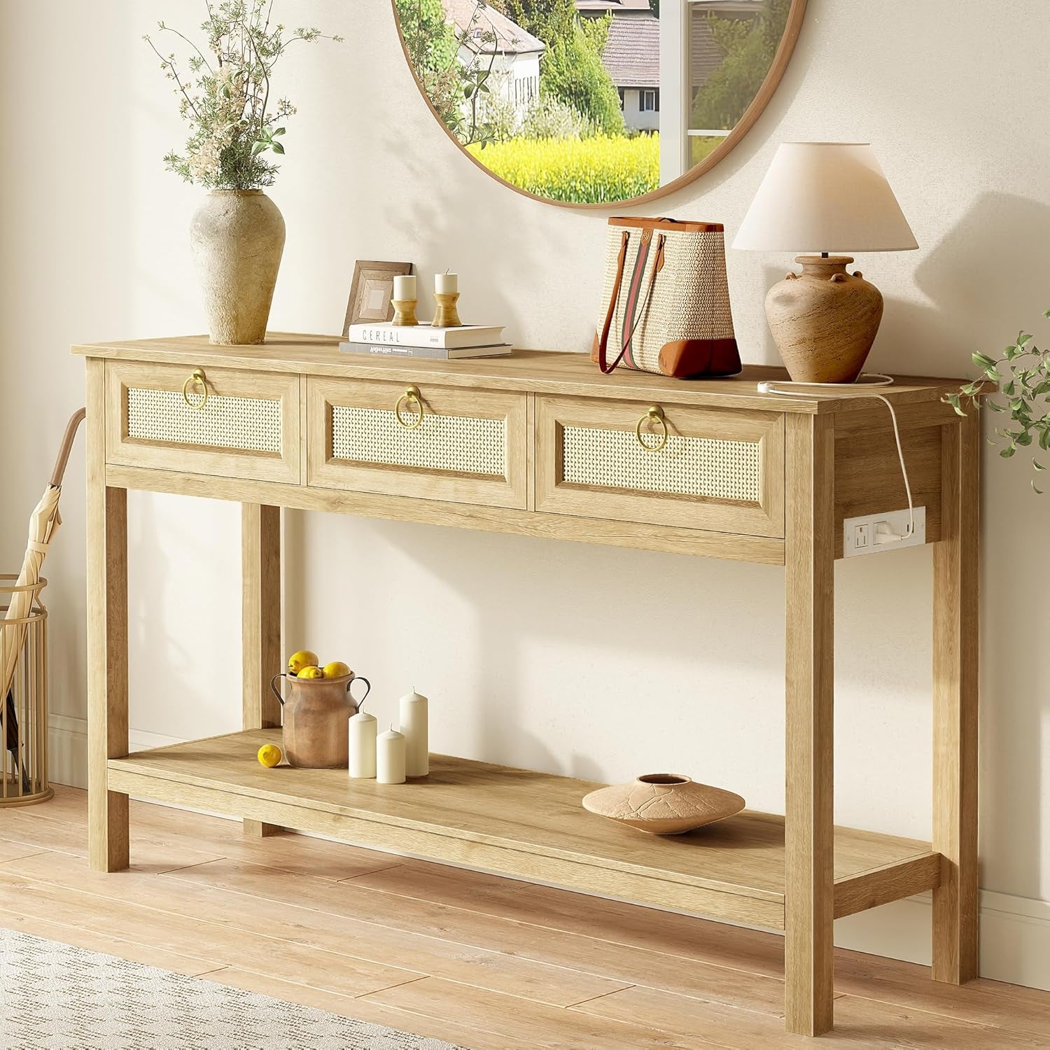 Rattan Console Sofa Table with Outlets and USB-C Port, 3 Drawer Entryway Table with Synthetic Rattan Surface, Open Shelf, behind Couch Entry Foyer Hallway Storage, Natural