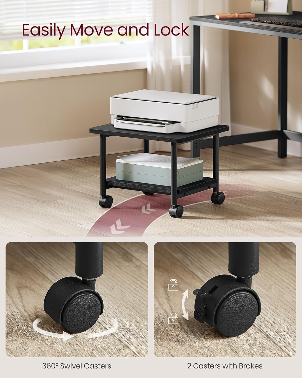 Heavy-Duty Printer Stand with Locking Wheels, 2-Tier Industrial Mobile Cart with Storage Shelf, under Desk Printer Table for Home, Office, 13.4" Height, Ebony Black UOPS02B