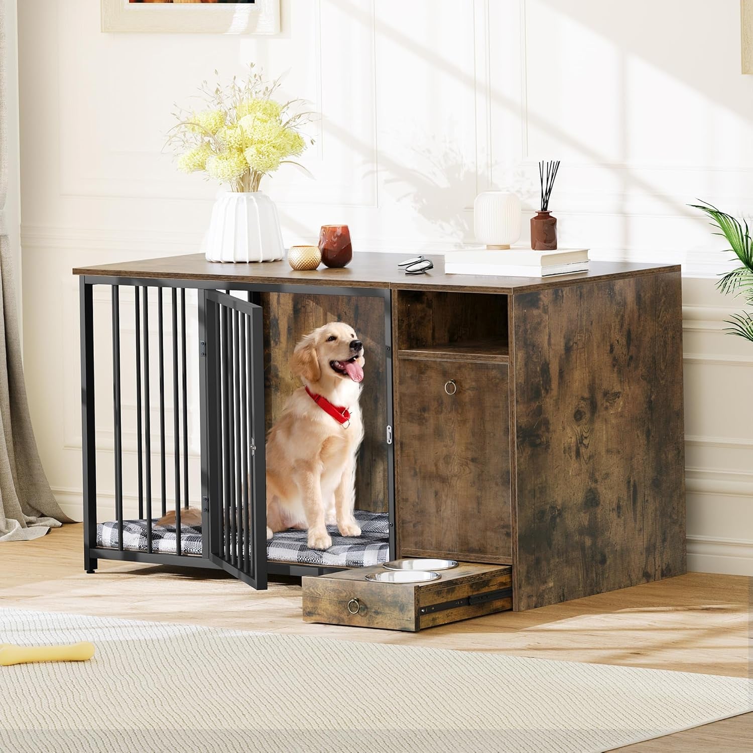 Dog Crate Furniture with Feeder Bowls, 55" Large Breed Dog Kennel with Storage Drawer, Heavy Duty Dog House TV Stand Indoor for Medium Dogs, Brown