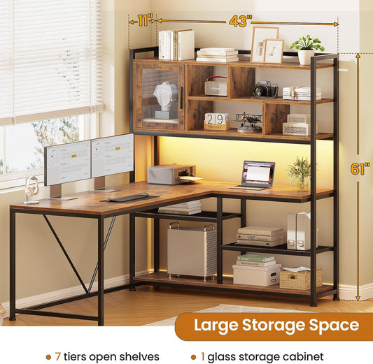 L Shaped Computer Desk, 58'' Office Desk with LED Light and Bookshelf, L Shaped Corner Desk with Storage Shelves for Home Office, Gaming Desk, L Desk, Rustic Brown