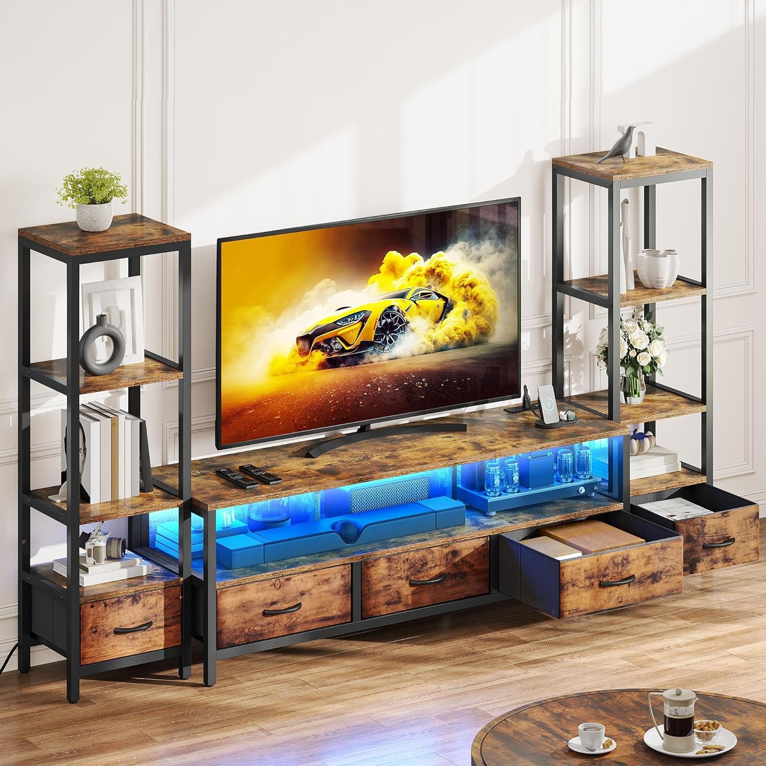 TV Stands for 65 Inch TV Entertainment Center with 2 Industrial 4-Tier Bookshelves, LED TV Stands for Living Room, Modern Farmhouse TV Console Cabinet with Power Outlets, Rustic Brown