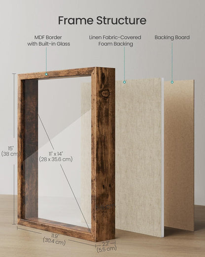 11X14 Shadow Box Frame, Deep Box Frame with Top Slot and Push Pins, Picture Display Case, Linen Fabric Backing for DIY Craft, Glass Front, Gift Idea, Rustic Brown URPF009KD01