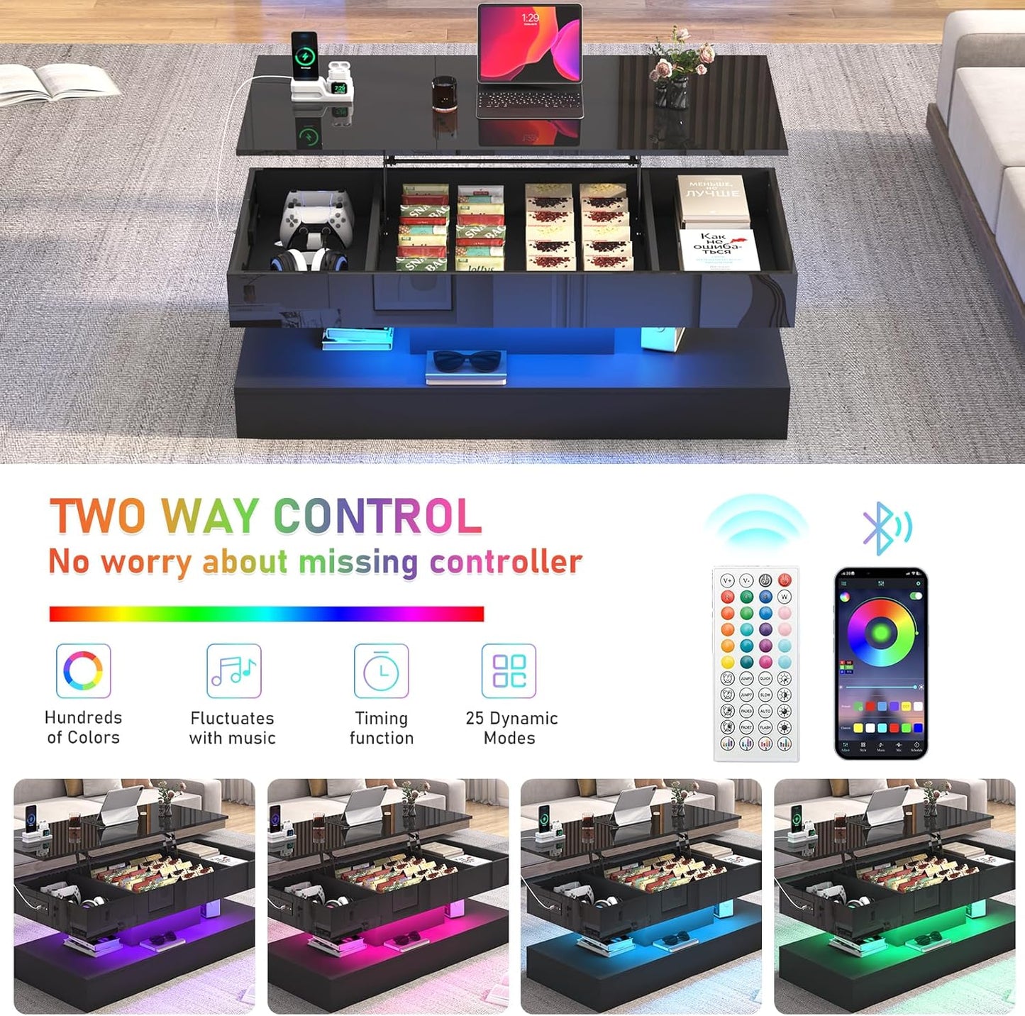 47.2" Large Lift Top Coffee Table,Modern High Glossy LED Coffee Tables for Living Room with Storage,Black Living Room Tables for Living Rooms,Dining Room,Bedroom Home Office,App LED Lights（Black）