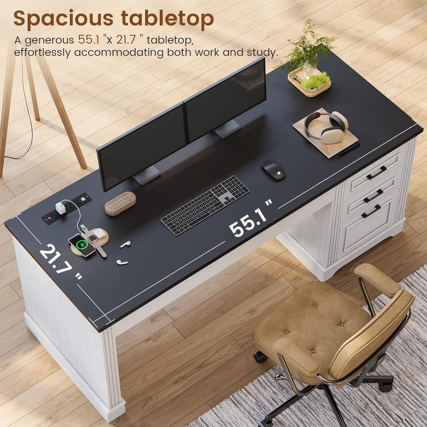 Farmhouse 55" Executive Desk, Computer Desk with Storage Drawers and Power Outlet, Home Office Desk, Workstation for Office Home, White