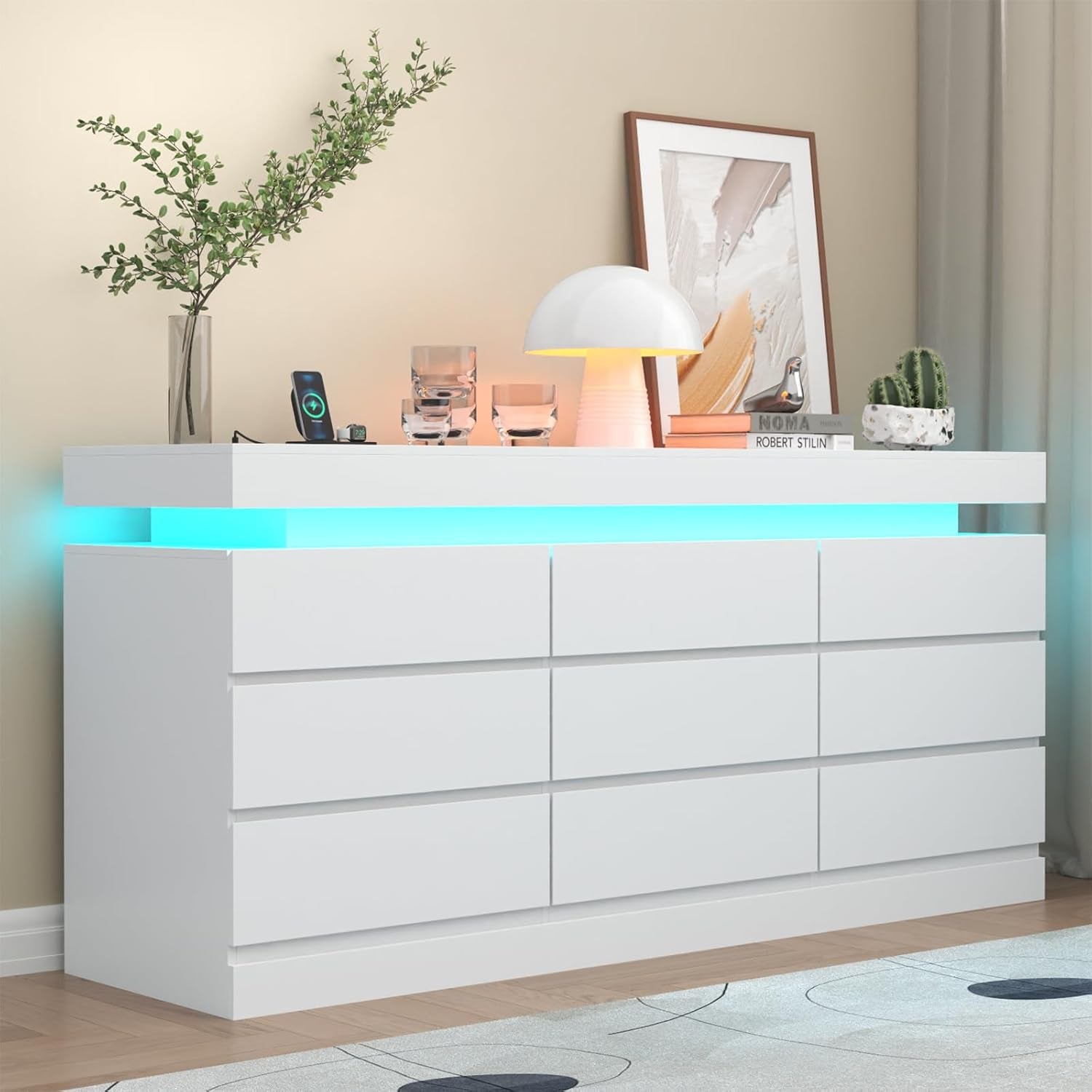 9 Drawer Dresser with Power Outlet, Dresser with LED Light, Modern Chest of Drawers for Closet, Double Wide Drawer Organizer Cabinet for Bedroom, Living Room (White, 9 Drawers)