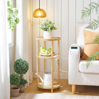 Small round Side Table with Charging Station, 3-Tier round Bamboo End Table, Compact Sofa Bedside Table for Small Space, Easy Assembly, for Living Room, Bedroom, Apartment, Natural YL152UBZ01