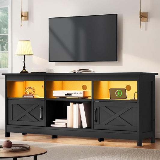 TV Stand for 65 Inch Tvs, Entertainment Center with Storage Cabinets, Power Outlet & LED Light, Media TV Console with Barn Doors for Living Room, Black