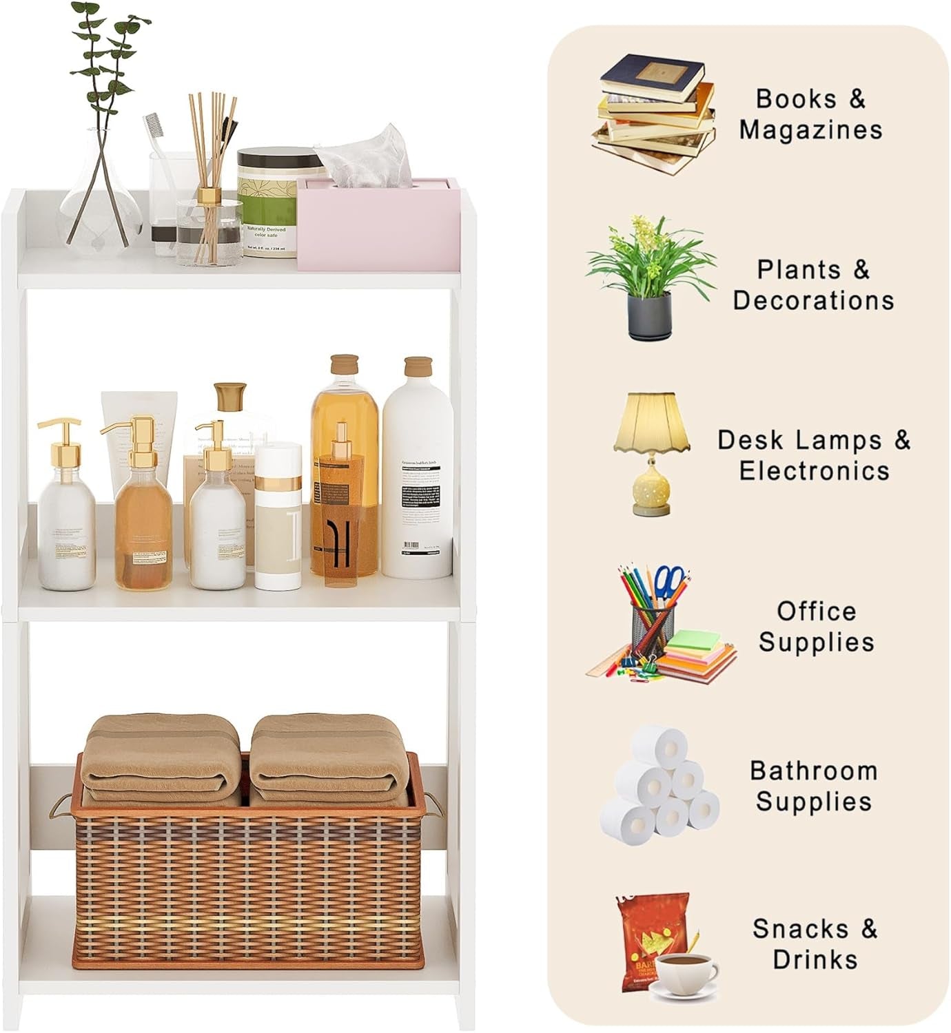 3-Tier Bathroom Ladder Shelf Freestanding, White Floor Shelves Open Shelving Unit, Small Bookshelf Nightstand for Home Study Laundry Room (11.8" D X 15.7" W X 27.6" H)