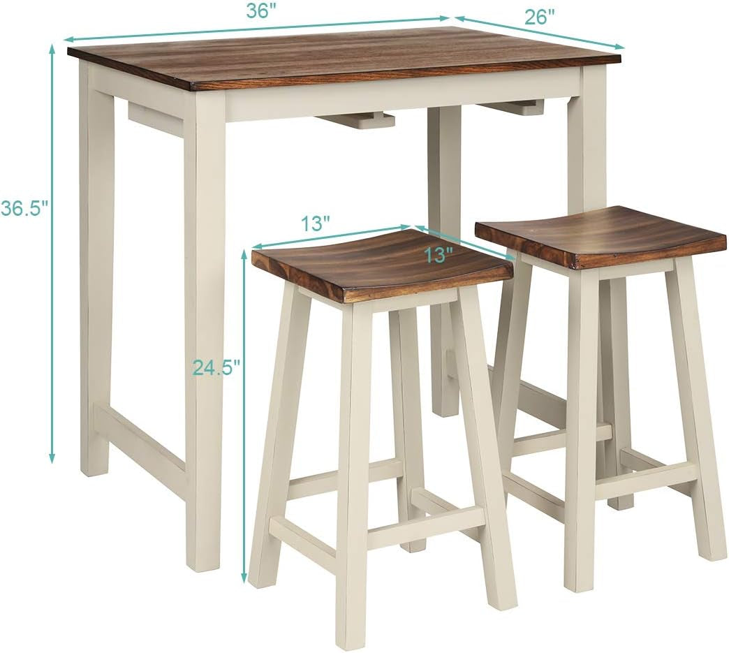 3 Piece Pub Dining Set, Counter Height Pub Table with 2 Saddle Bar Stools, Tavern Collection Table Set for Living Room, Kitchen, Small Space (Brown & Milky White)