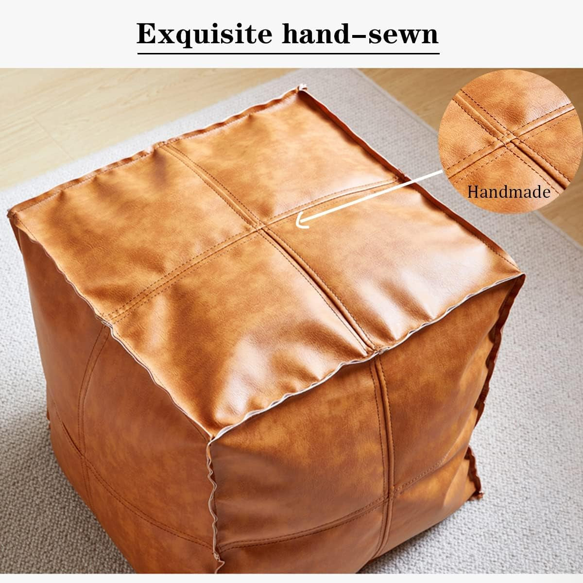 Pouf Ottoman, Unstuffed Pouf Cover, Handmade Faux PU Leather Moroccan, Orange Brown 17.7" Square, Foot Rest for Living Room, Floor Chair Gifts for Men Women, (Only Cover)