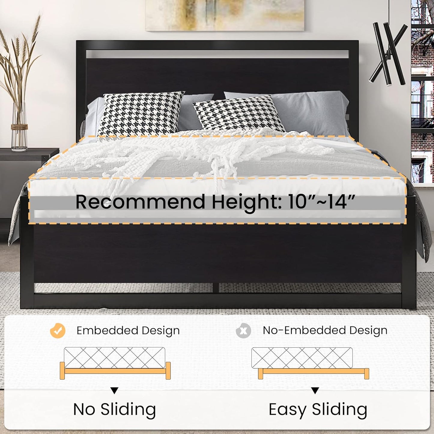 Queen Size Bed Frame with Modern Headboard, Heavy Duty Platform Metal Base with Square Footboard and 13 Strong Slats Support, No Box Spring Needed, Black