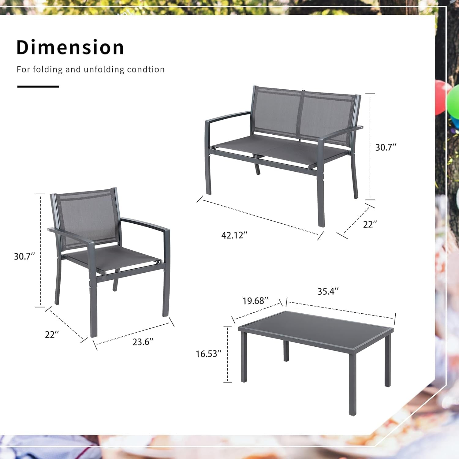 4 Pieces Patio Furniture Set All Weather Textile Fabric Outdoor Conversation Set, with Glass Coffee Table, Loveseat, 2 Single Chairs for Home, Garden, Lawn, Porch（Gray）