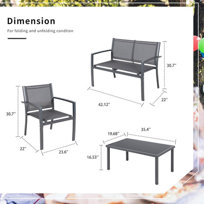 4 Pieces Patio Furniture Set All Weather Textile Fabric Outdoor Conversation Set, with Glass Coffee Table, Loveseat, 2 Single Chairs for Home, Garden, Lawn, Porch（Gray）