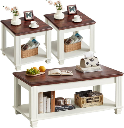 Farmhouse Coffee Table Set of 3, Rustic Wood 3 Piece Coffee and End Table Sets with Open Shelf for Living Room, White
