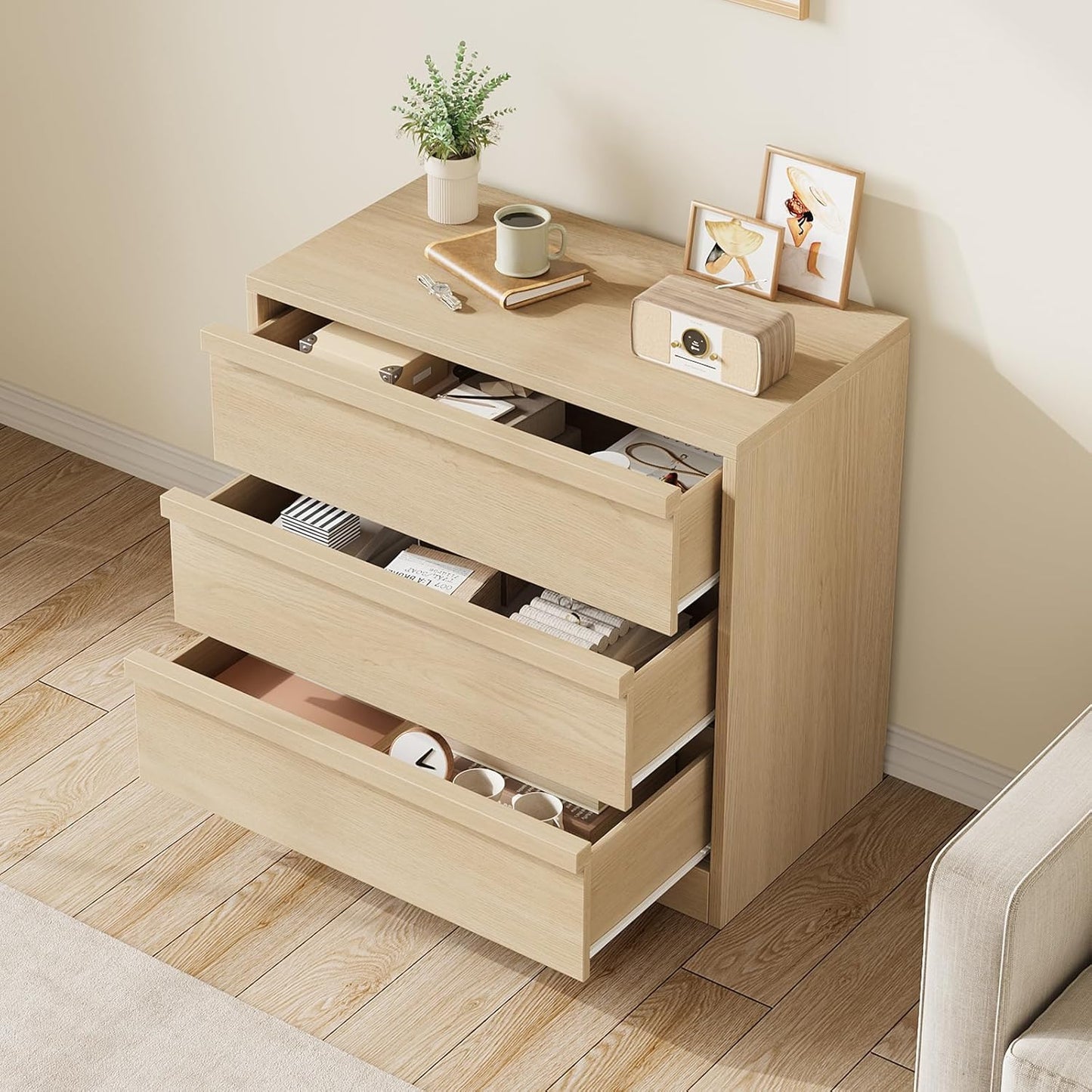 3 Drawer Dresser for Bedroom, Natural Oak Nightstand 3 Chest of Drawers with Large Storage, Small Modern Bedside End Table for Living Room, Nursery, Entryway