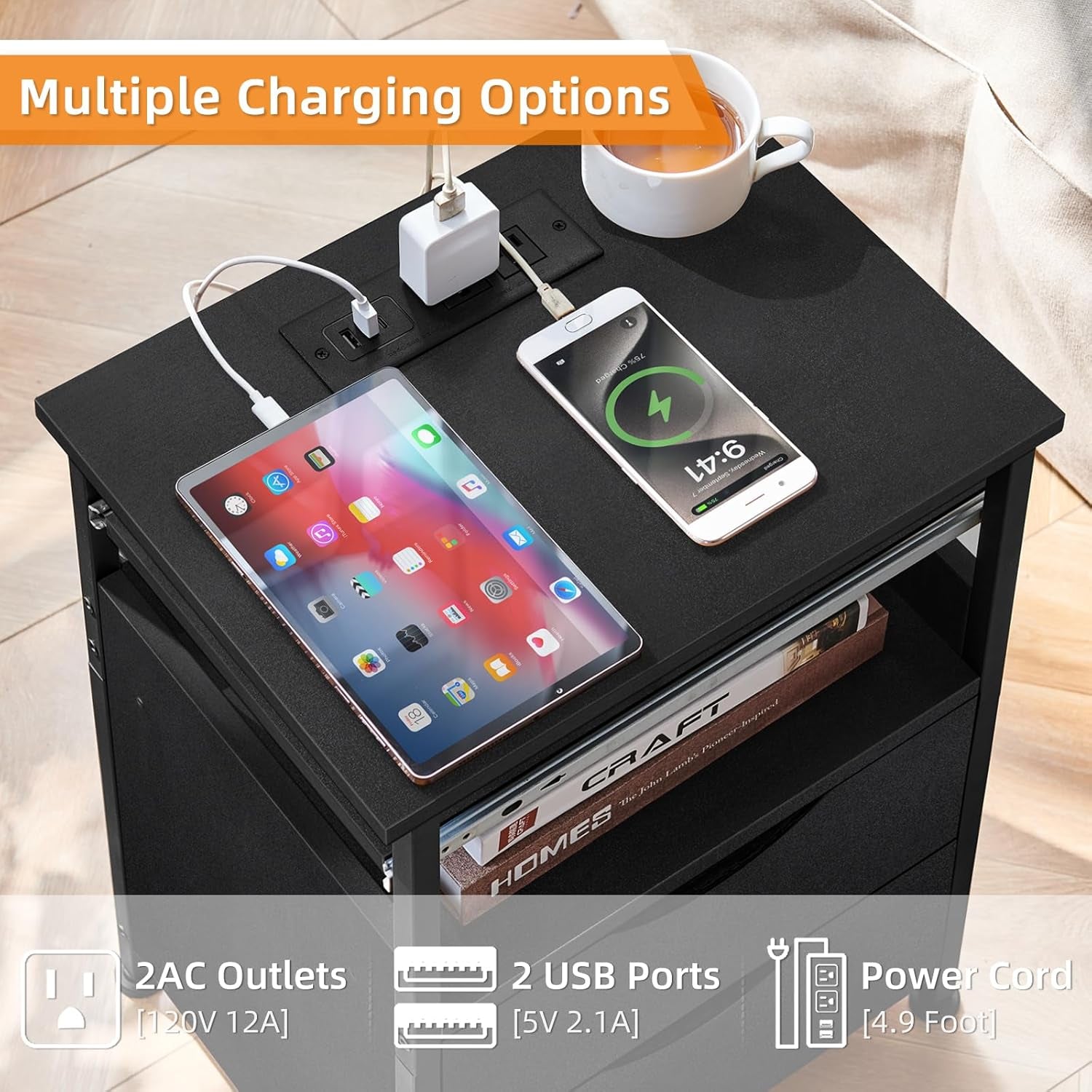 End Table with Charging Station, Narrow Side Table with 2 Drawers, Nightstand with 7 Color LED Light, Slim Bedside Table for Bedroom, Living Room, Small Spaces, Black