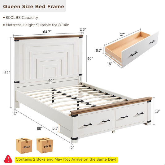 Farmhouse Queen Size Bed Frame W/ 54" Tall Geometric Headboard, Rustic Wood Platform Bed W/ 2 Large Storage Drawers, Wood Slats Support, Noise Free, No Box Spring Needed, Antique White