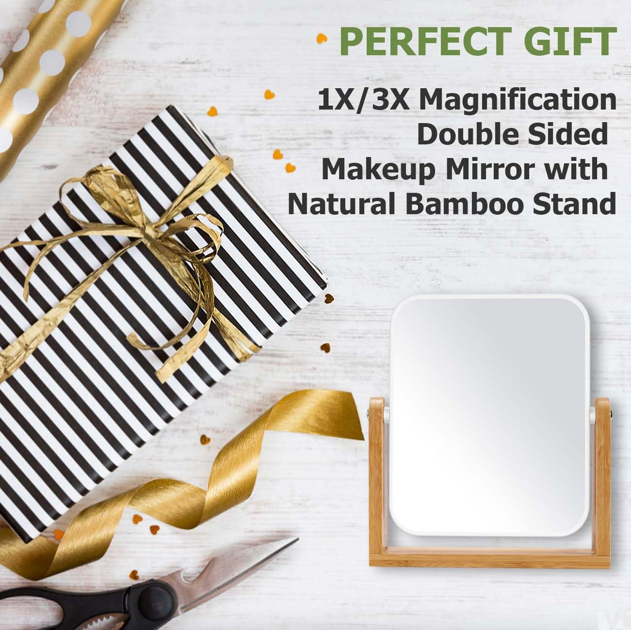 Vanity Makeup Mirror with Natural Bamboo Stand, Double Sided 360 Degree Swivel Magnifying Mirror, Tabletop Magnified Make up Mirror for Bathroom or Bedroom 8 Inch
