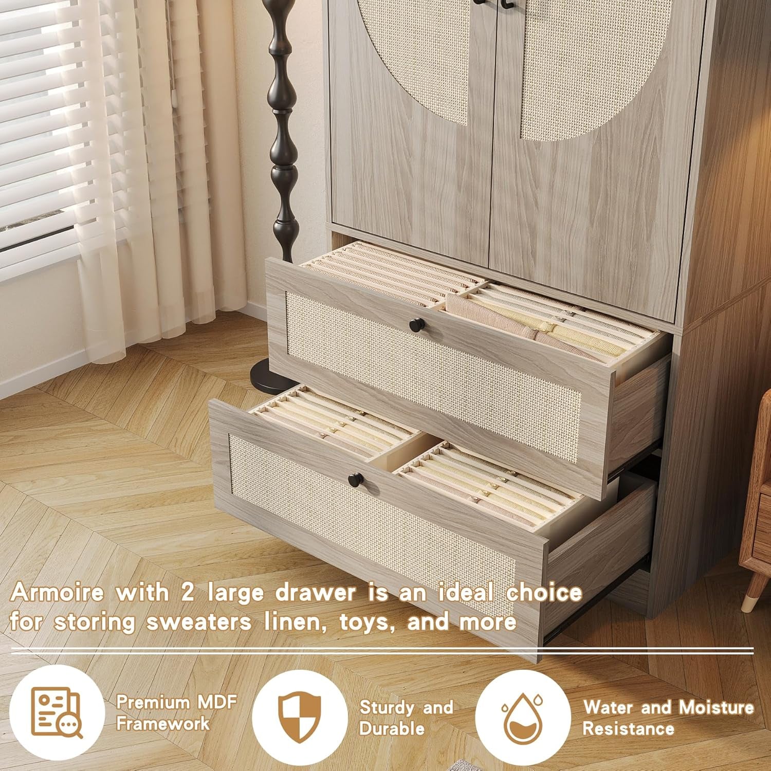 Modern Boho Wardrobe Closet Wiht 2 Drawers, 65" H Large Wooden Bedroom Armoires with Rattan Door & Hanging Rod, Freestanding Clothing Storage Cabinet for Dormitory, Apartment, Cloak Room