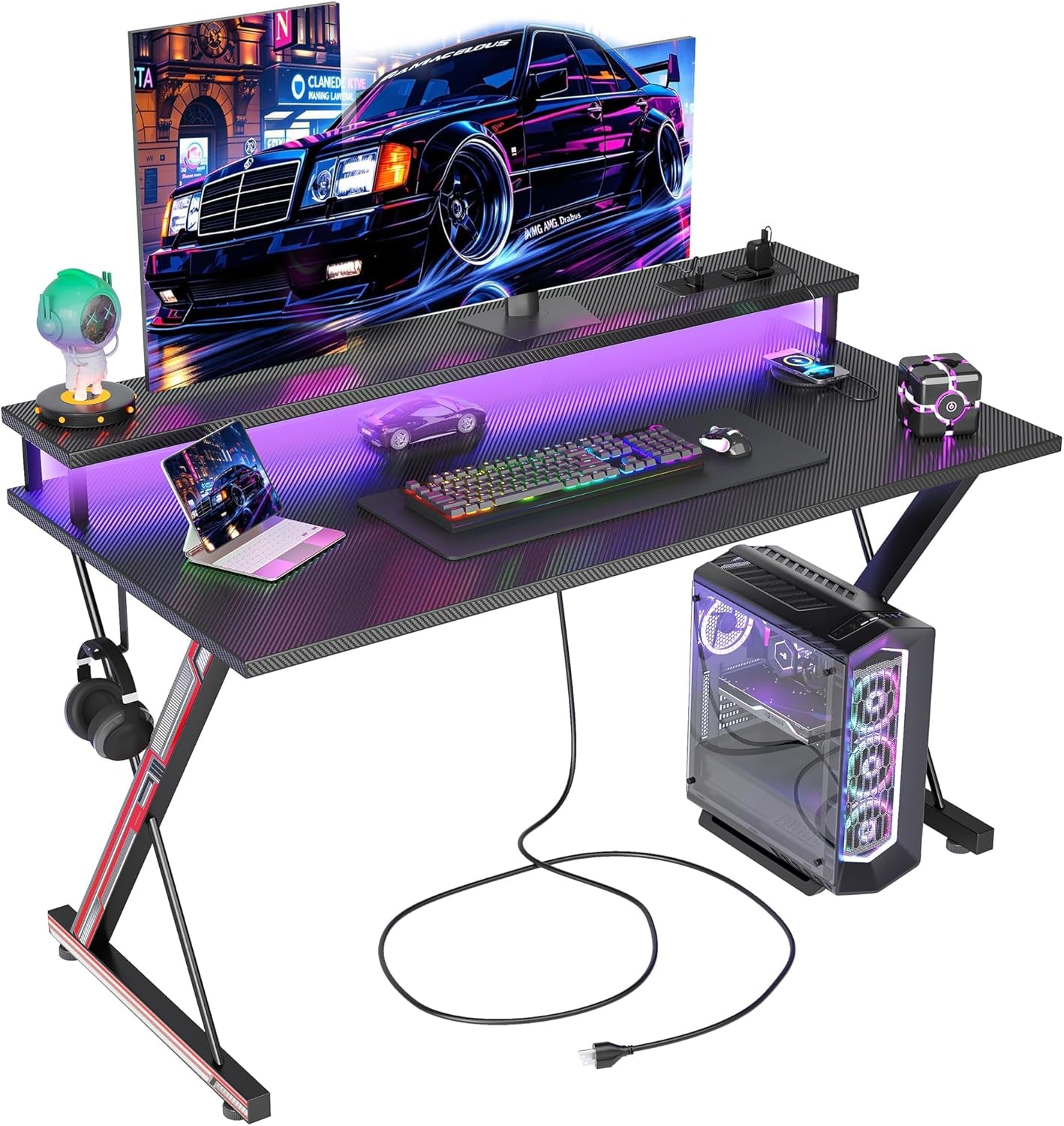 Gaming Desk with Power Outlets & LED 40 Inch Ergonomic Computer Carbon Fiber Surface Gamer Desk, Large Monitor Stand, Headphone Hook, PC Workstation for Bedroom, Black