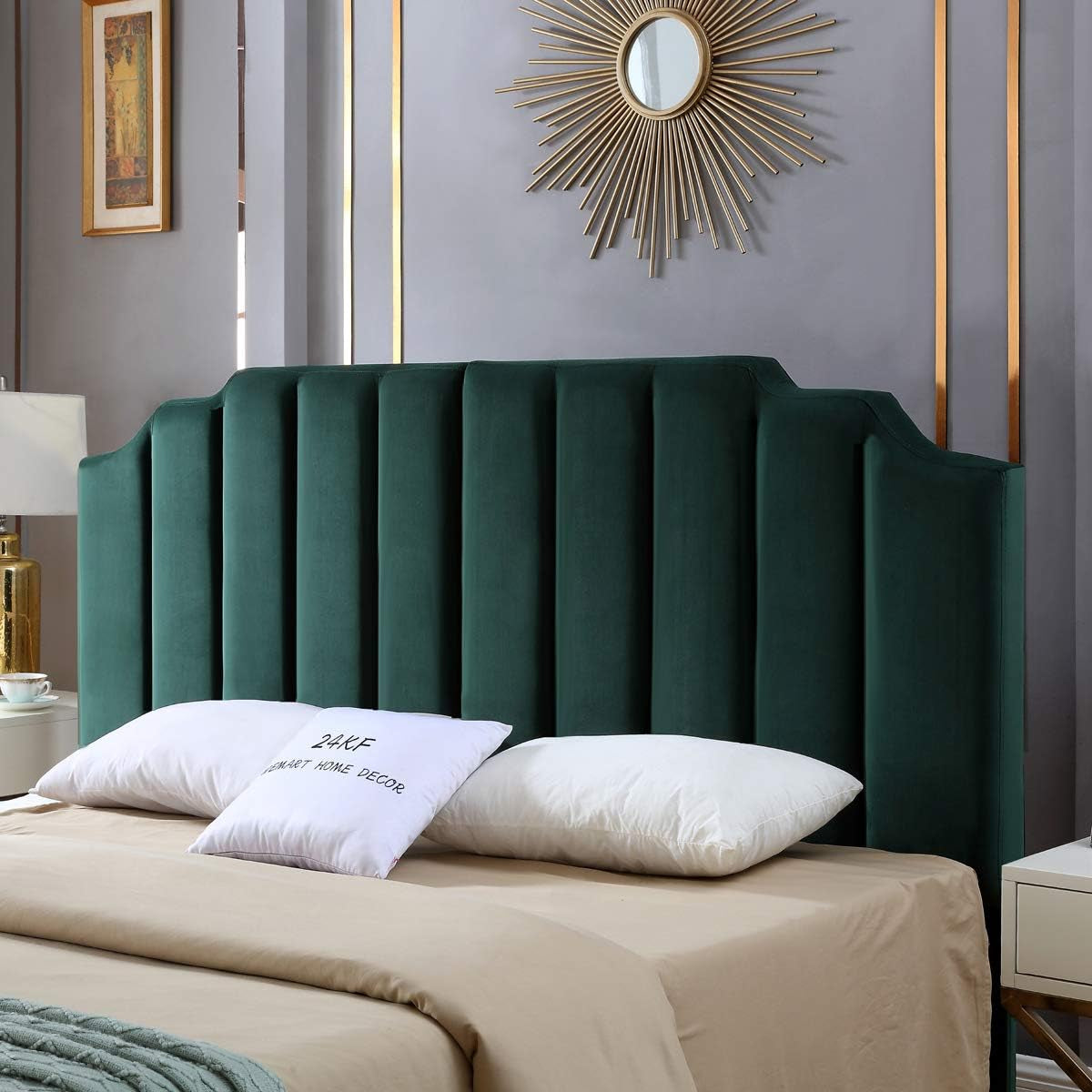 Jade Velvet Tufted King Upholstered Headboard, Modern Vertical Channel Design California King Headboard with Stepped Silhouette Top Edge,Jade