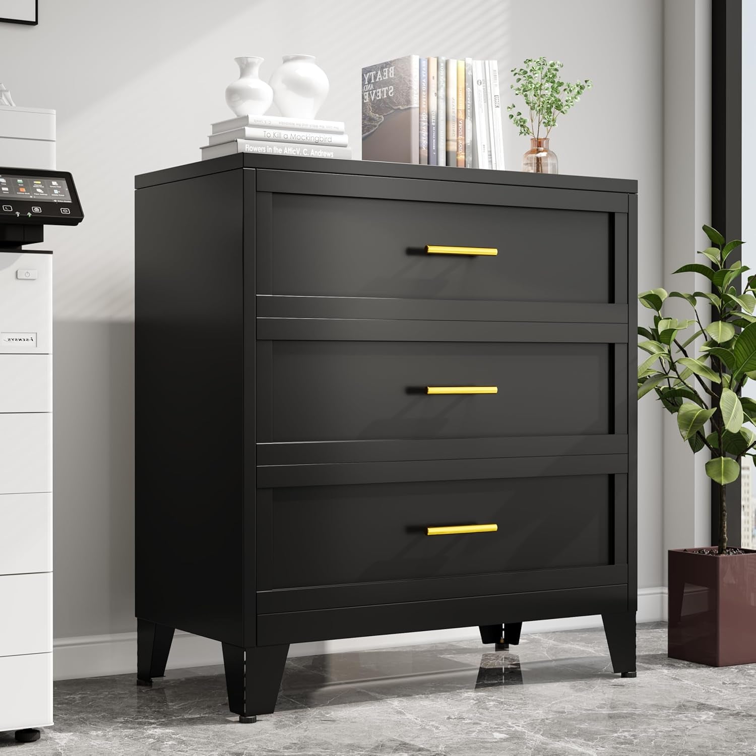 Metal Dresser for Bedroom 3 Drawers Dresser Metal Storage Dressers Organizer,34.25" H Black Drawer Chest, Closet Organizers for Living Room, Hallway, Closet