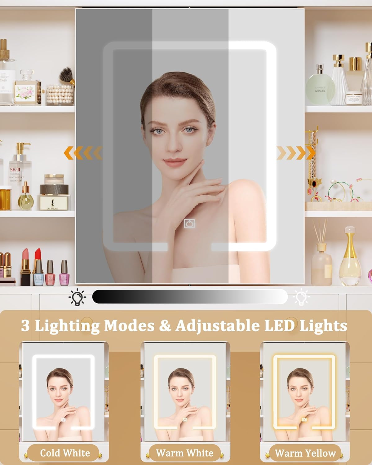 Vanity Desk with LED Lights & Sliding Mirror, Makeup Vanity with Lights, Power Outlet, White Vanity Desk with 5 Drawers & 2 Cabinets, 6 Storage Shelves for Bedroom