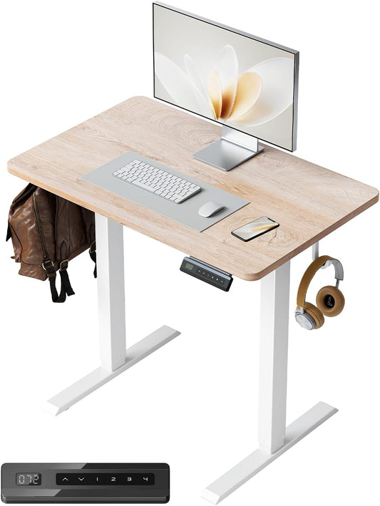 One-Piece Standing Desk Adjustable Height Stand up Home Office Desk, 32X20 Inch Electric Standing Computer Desk, with 4 Memory Presets, Headphone Hook, Maple