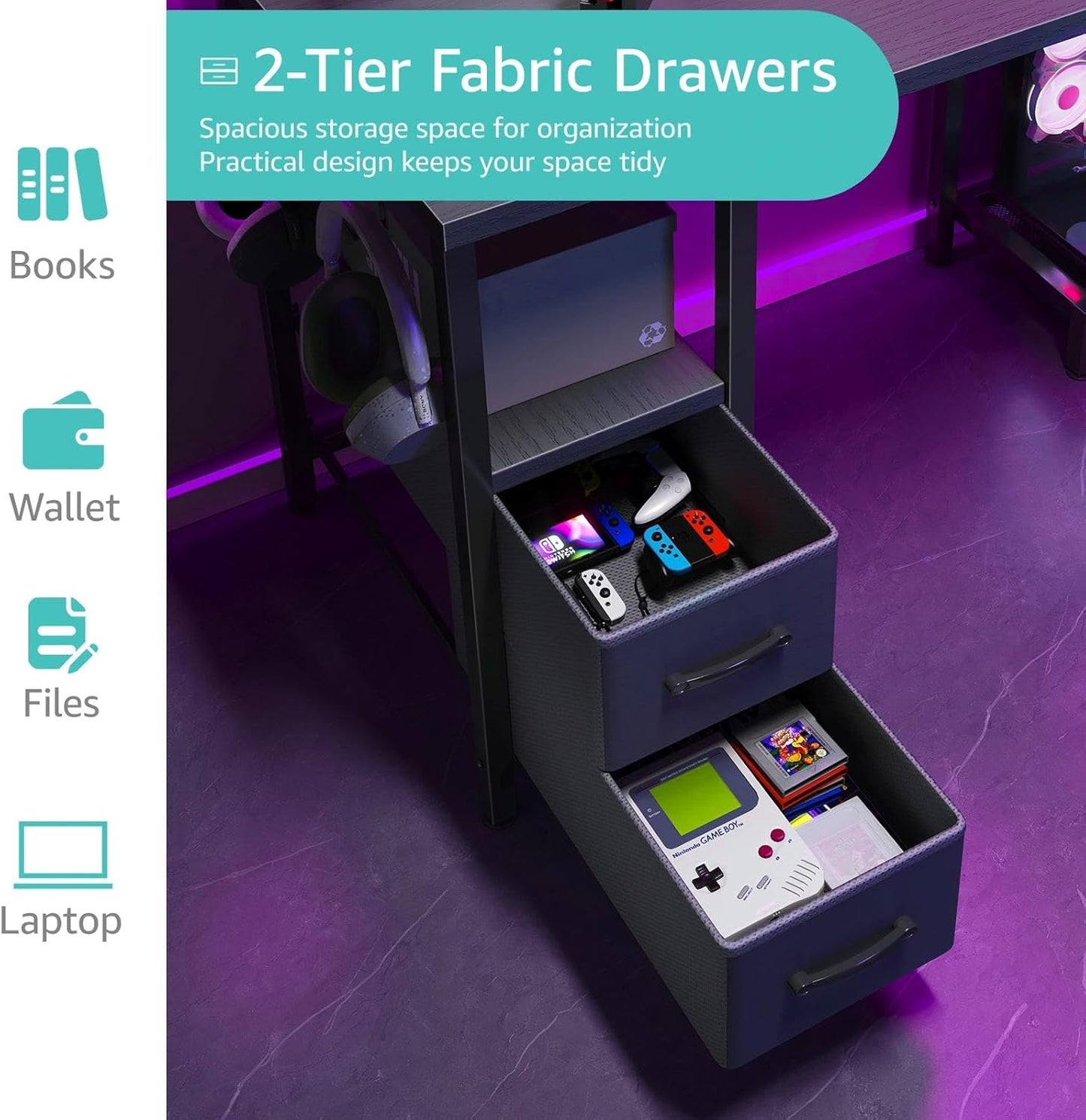 L Shaped Gaming Desk with Led Lights and Power Outlets, 48 Inch Corner Home Office Desk with Monitor Stand Shelves, Writing Study Computer Desks with Fabric Drawers for Bedroom, Black