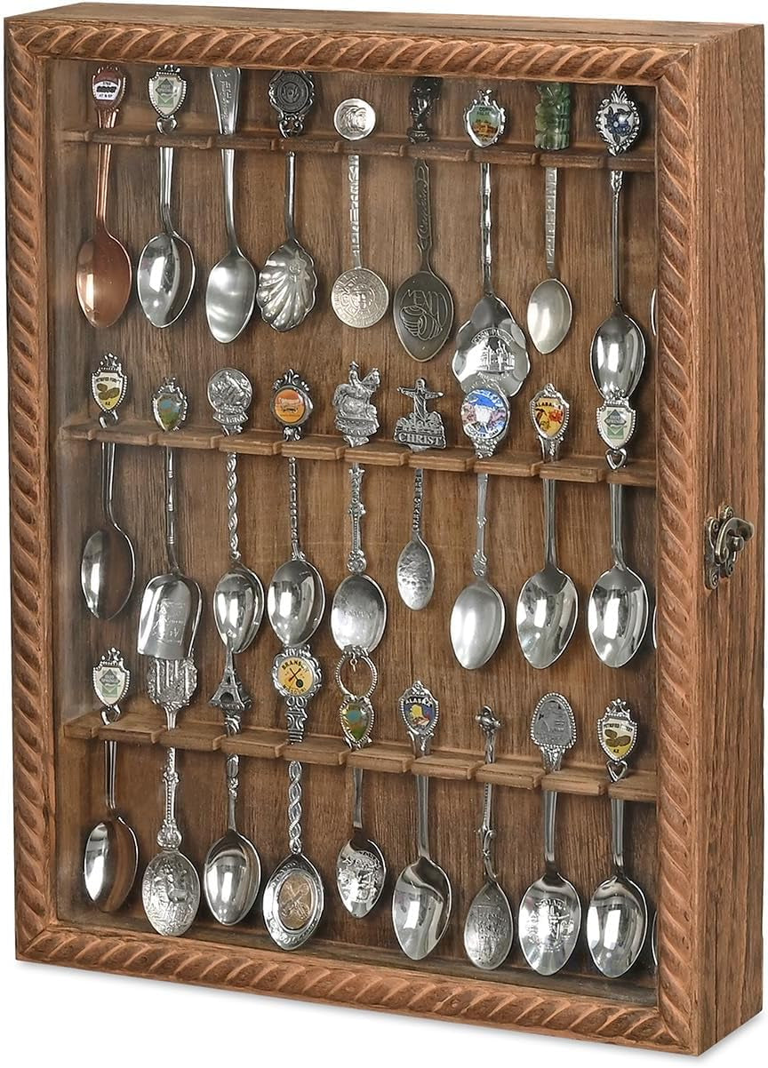 Wooden 30-Souvenir Spoon Display Case Cabinet, Wall-Mounted Tea Spoon Rack with Tempered Glass Door Suitable for Collection Display, Brown Color, 13.4W X 2.6D X 15.7H In