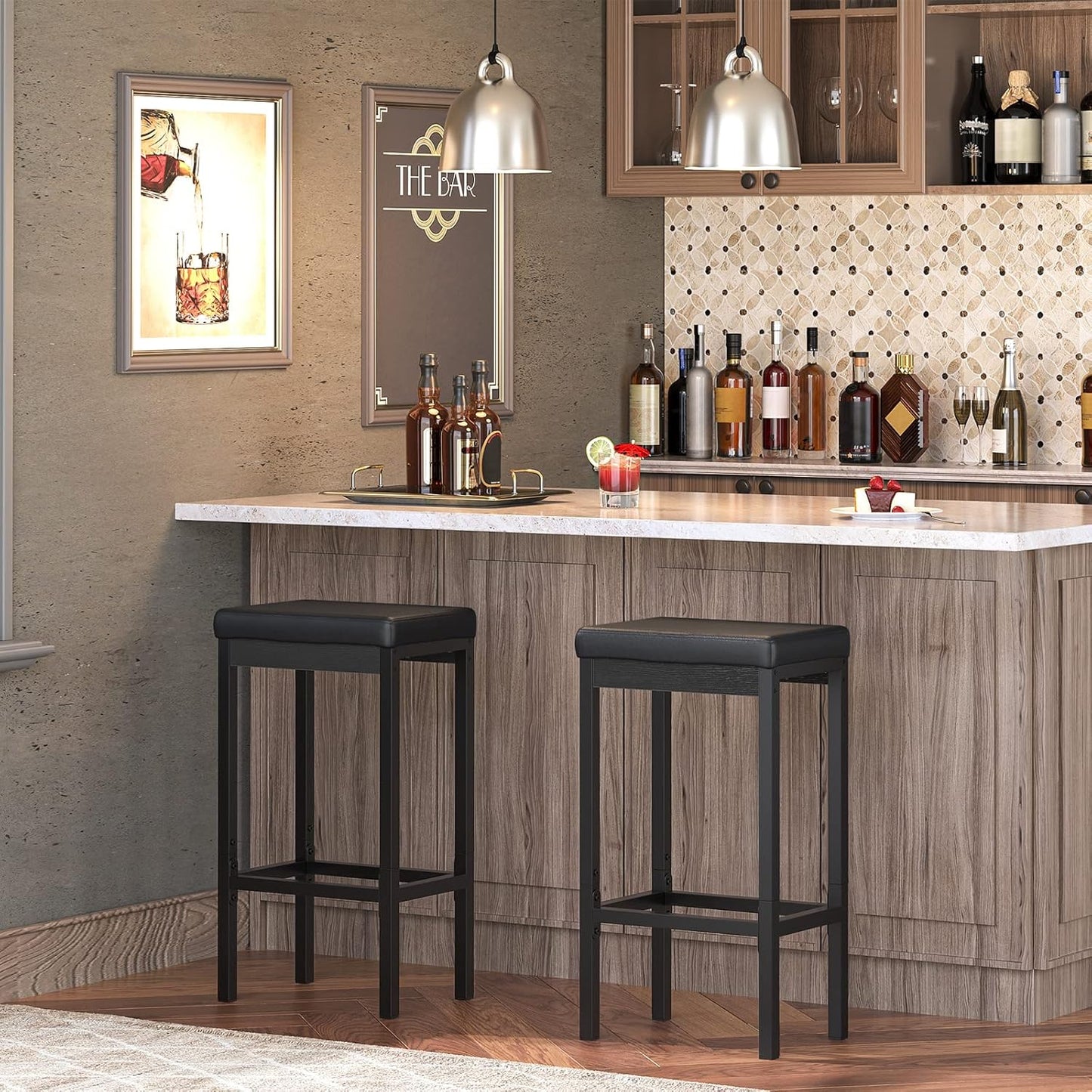 Bar Stools, Set of 2 Bar Chairs, 24.8-Inch Height Stools, Breakfast Bar Stools, Kitchen Stools, 2" Thick Upholstery, for Kitchen, Dining Room, Cafe, Bar Counter, Black BB21BY01