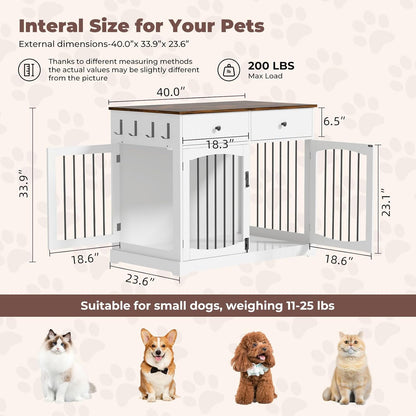 40" Dog Crate Furniture, Wooden Dog Kennel Furniture, Heavy-Duty Dog Crate End Table with Storage Drawers, Double Doors Decorative Pet Cage House Indoor for Small Medium Dog, Gray