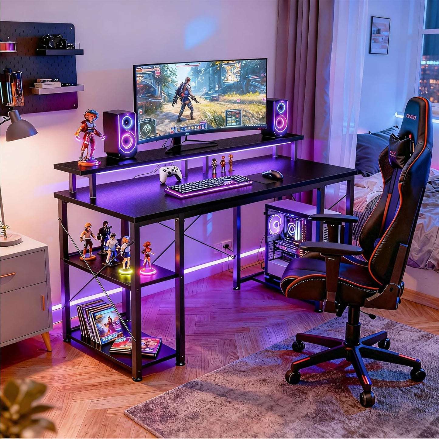 48 Inch Gaming Desk with LED Lights & Power Outlets, Computer Desk with Monitor Stand & Storage Shelves, CPU Stand, Home Office Desk, Black