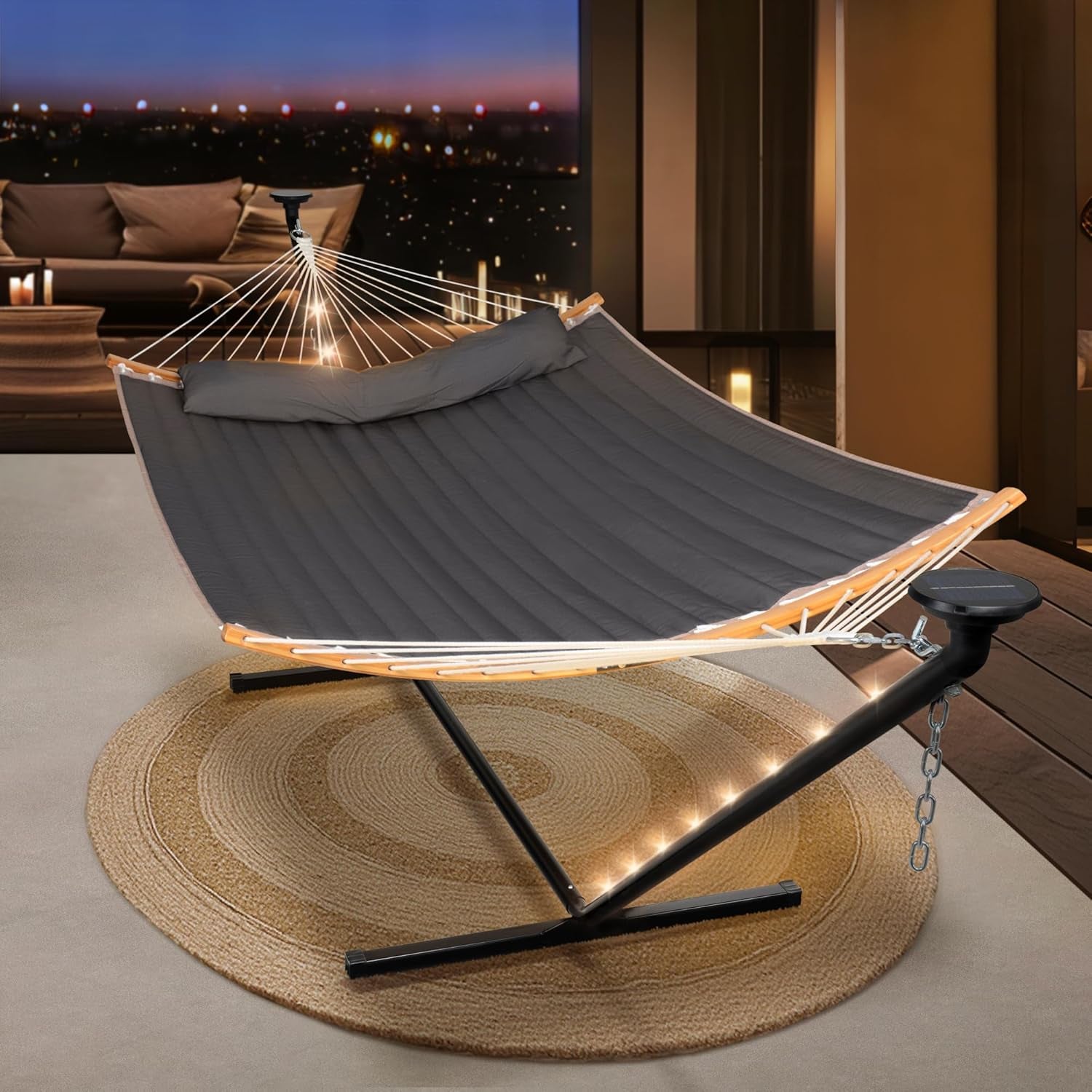 Double Backyard Hammock with Solar Powered Lights for Outside, 475 Lbs Capacity, Heavy Duty Self Standing Hammock with 12 Ft Stand, Dark Grey