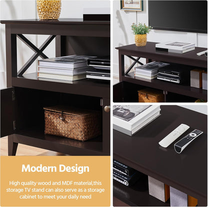 Wooden TV Stand for Tvs up to 48 Inch, Media Entertainment Center Table, TV Cabinet Table with Storage Open Shelf & 2 Doors for Living Room, Espresso
