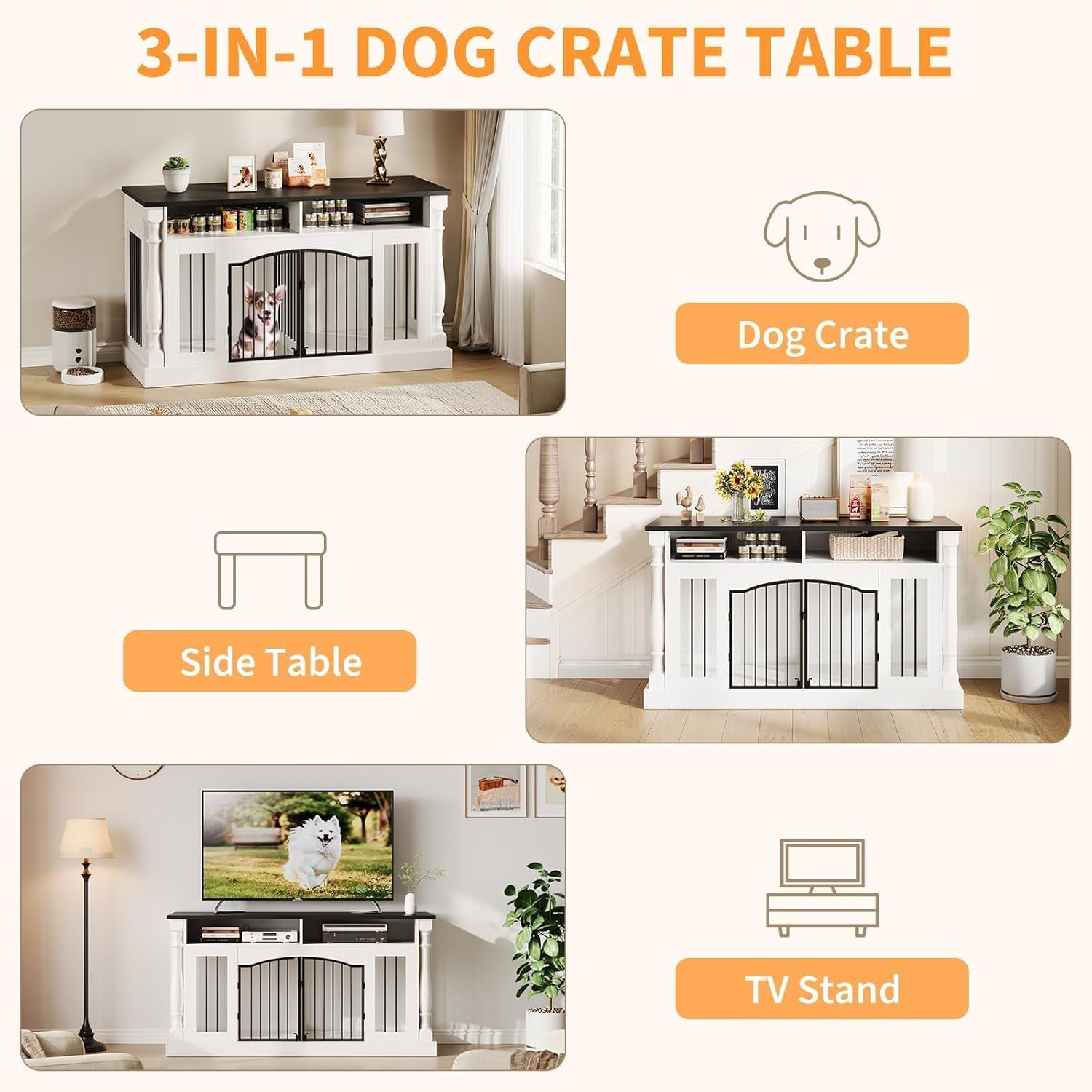 63" Large Dog Crate Furniture for Small & Medium Dogs, Roman Column Kennel Furniture with Semi-Open Storage, TV Stand Dog Cage Table, Heavy Duty Indoor Dog Kennel, White+Black Top