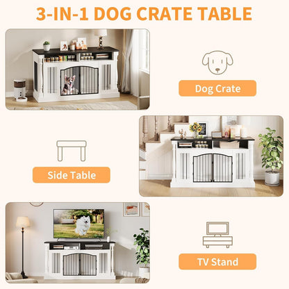 63" Large Dog Crate Furniture for Small & Medium Dogs, Roman Column Kennel Furniture with Semi-Open Storage, TV Stand Dog Cage Table, Heavy Duty Indoor Dog Kennel, White+Black Top
