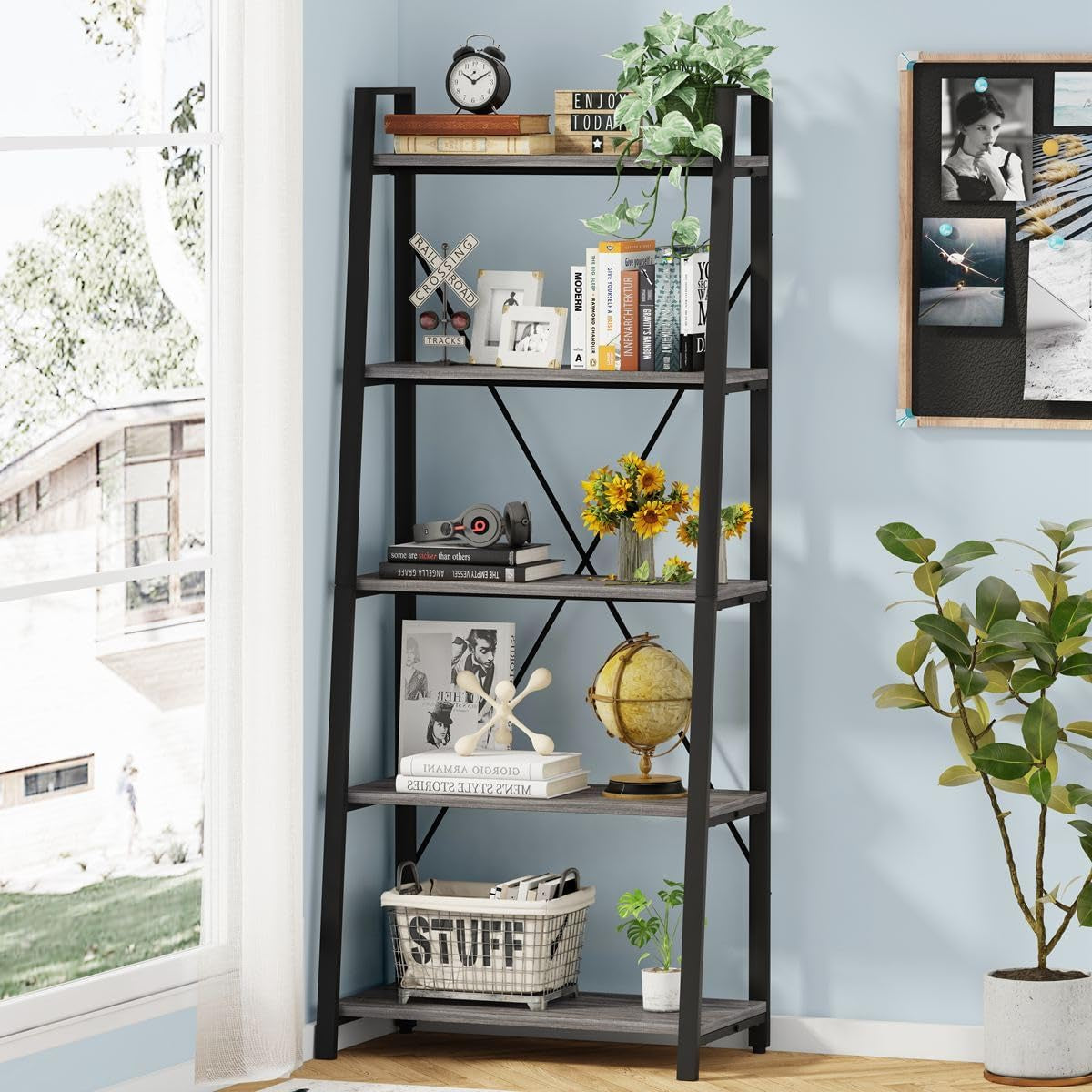 5-Tier Ladder Shelf, Industrial Leaning Bookcase, Wood and Metal Ladder Bookshelf for Living Room, Bedroom, Kitchen, Home Office (Grey Oak)