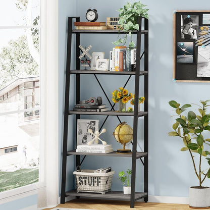 5-Tier Ladder Shelf, Industrial Leaning Bookcase, Wood and Metal Ladder Bookshelf for Living Room, Bedroom, Kitchen, Home Office (Grey Oak)