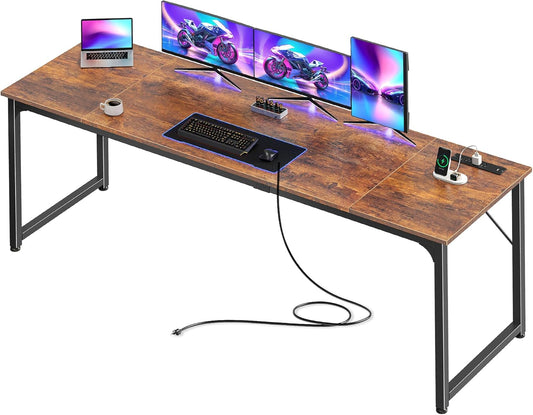 80 X 24 Inch Office Computer Desk with Power Outlets and USB-C Port, Larger and Longer Gaming Desk, for Home Office, Study, Writing Work from Home Table, Metal Frame, Rustic Brown