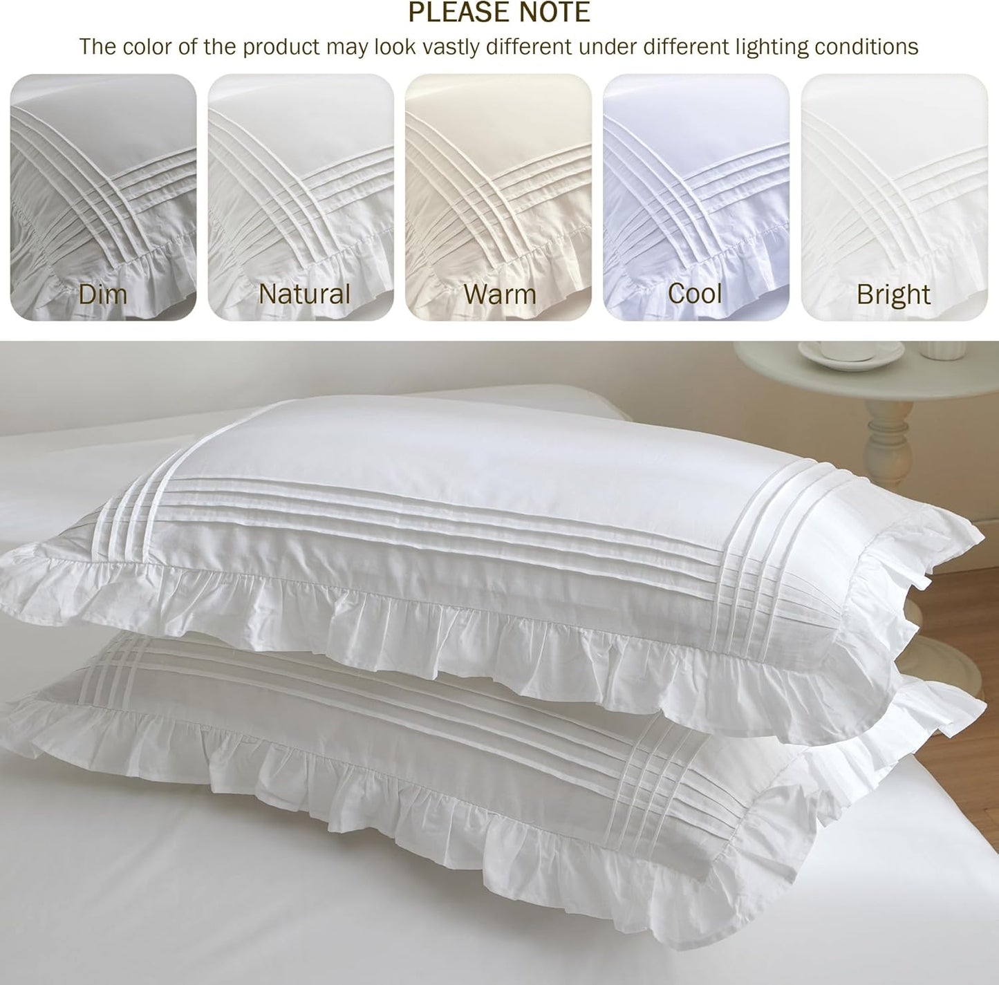 Ruffled Pillow Shams King Size Set of 2, 100% Cotton White Ruffle Pillow Cases with Pintucks, Farmhouse French Shabby Chic Pillowcases for Bedding, 20X36 Inch