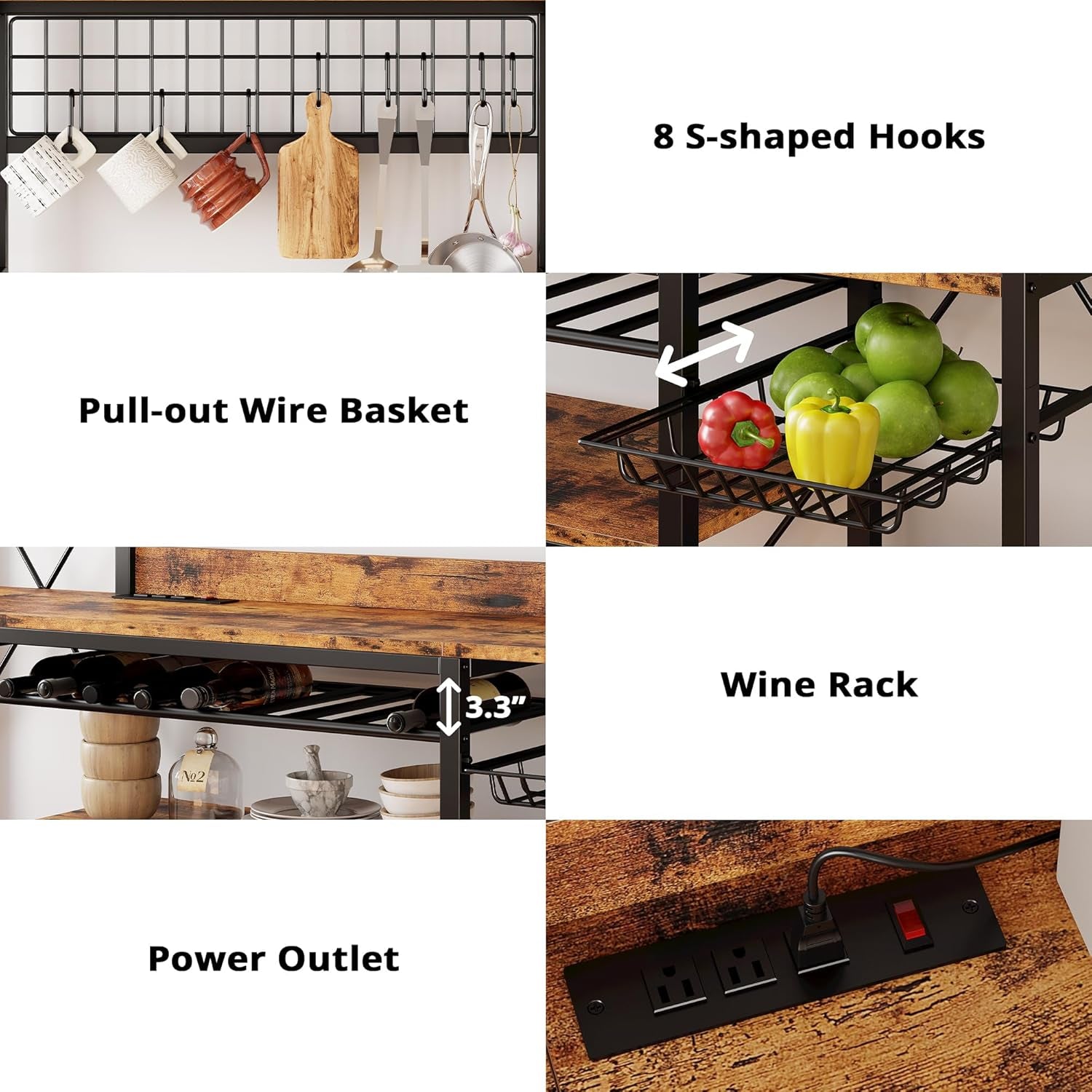 Large Bakers Rack with Power Outlet, 62 Inch Wide Microwave Stand, Coffee Bar with Storage, Kitchen Racks and Shelves, Vintage Brown