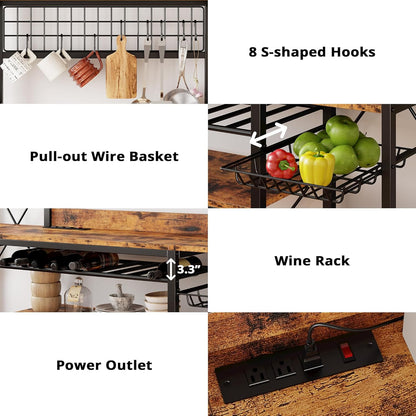 Large Bakers Rack with Power Outlet, 62 Inch Wide Microwave Stand, Coffee Bar with Storage, Kitchen Racks and Shelves, Vintage Brown