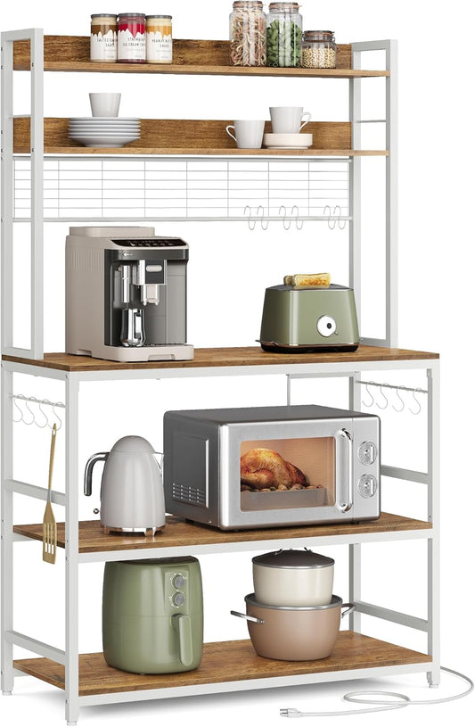 Hutch Bakers Rack with Power Outlet, 14 Hooks Microwave Stand, Adjustable Coffee Bar with Metal Wire Panel, Kitchen Storage Shelf, 15.7 X 39.4 X 66.9 Inches, Rustic Walnut and White UKKS038W41